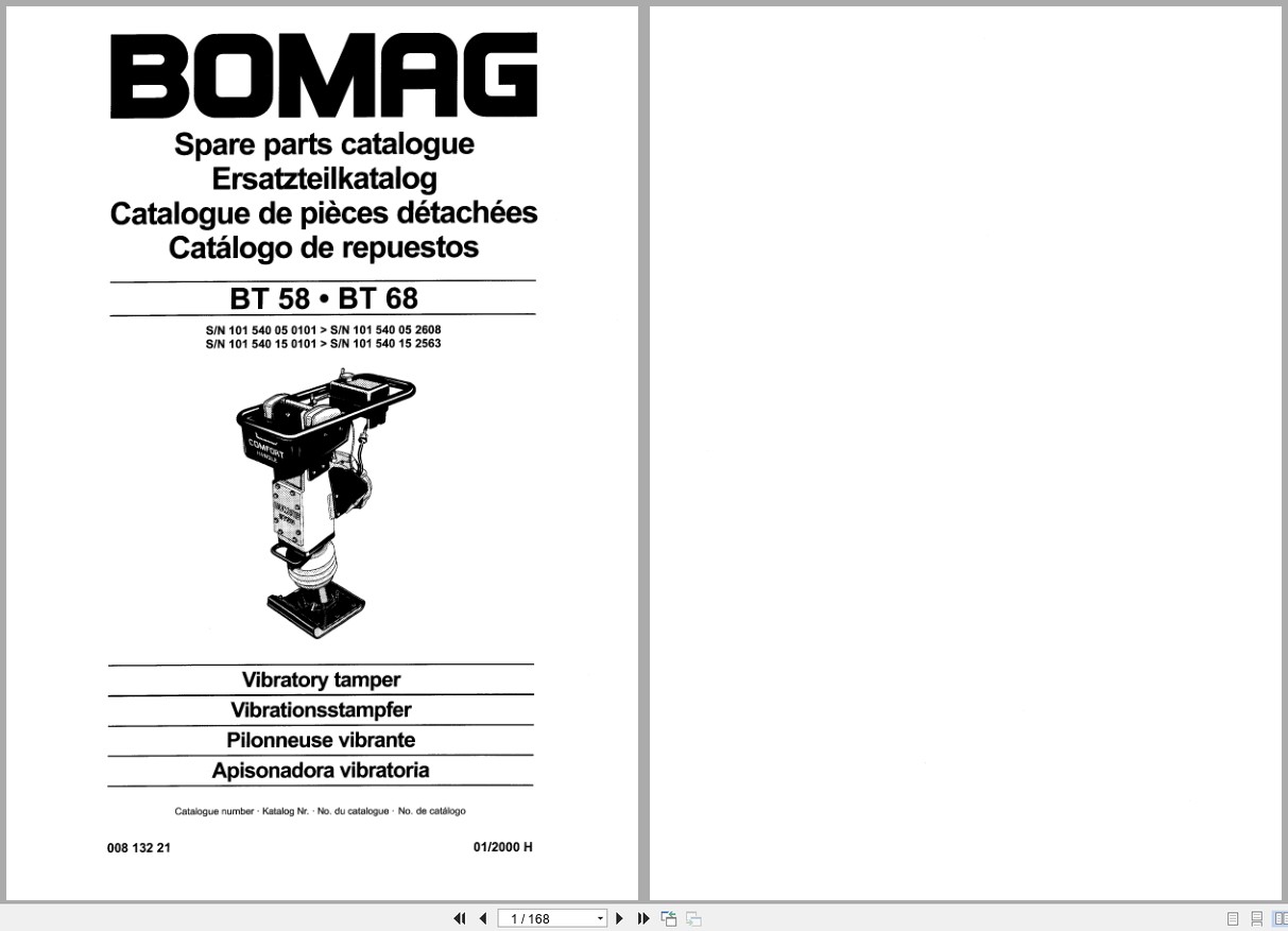 Bomag Vibratory Tamper BT 58 BT 68 Spare Parts Catalog 00813221 2000 EN DE FR (1)