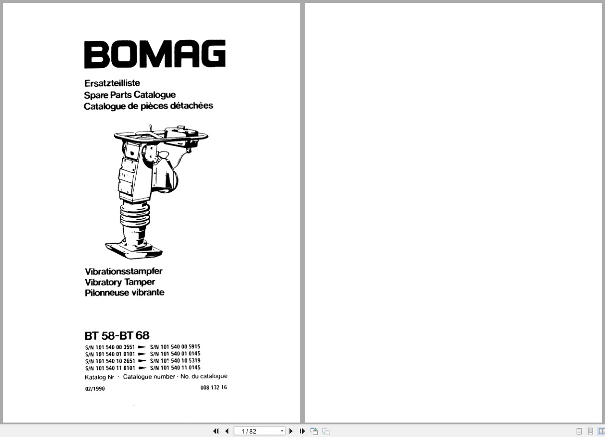 Bomag Vibratory Tamper BT 58 BT 68 Spare Parts Catalog 1990 EN DE FR (1)