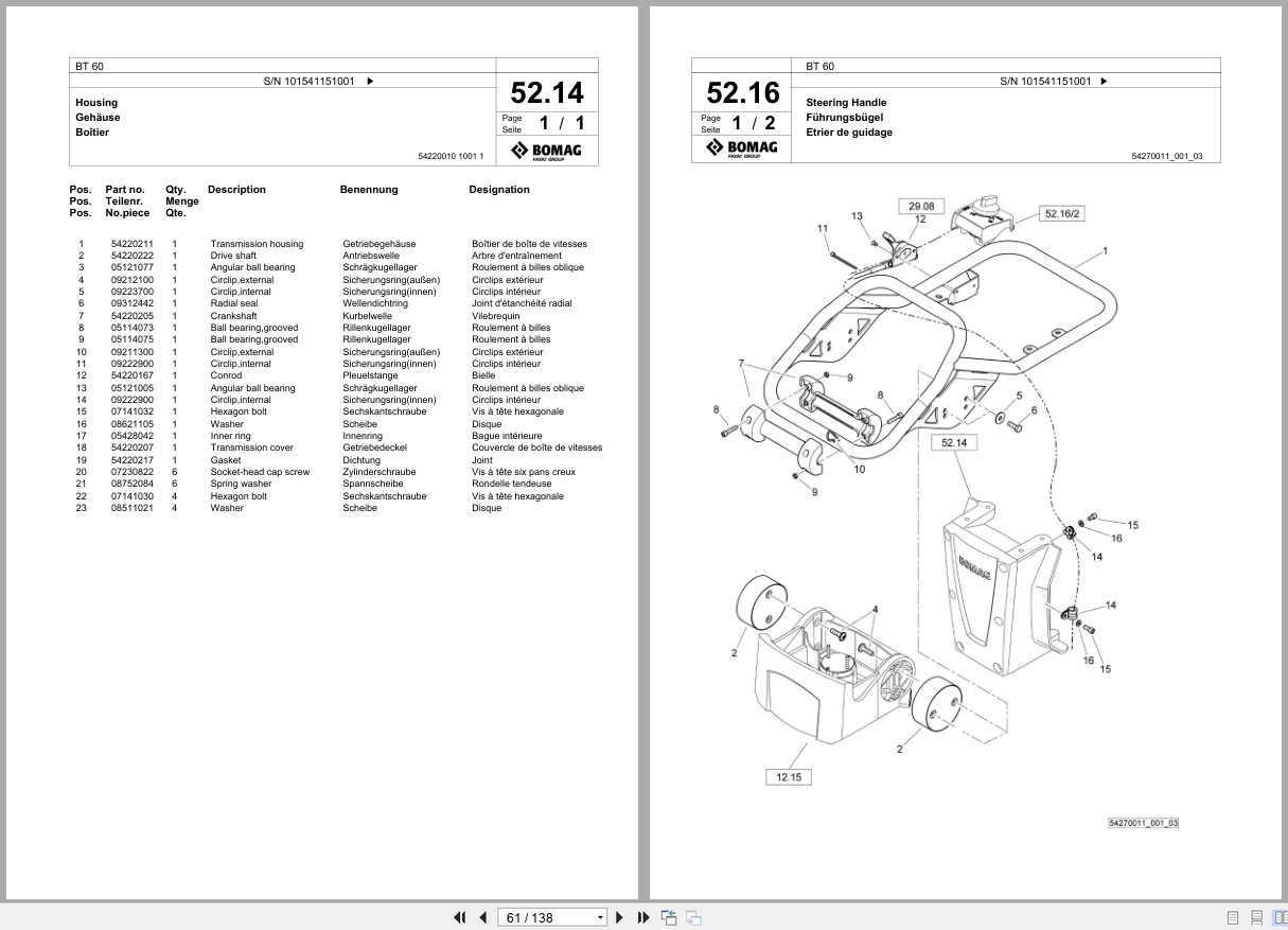 Bomag Vibratory Tamper BT 60 Spare Parts Catalog 00825399 2018 2019 EN DE FR (3)