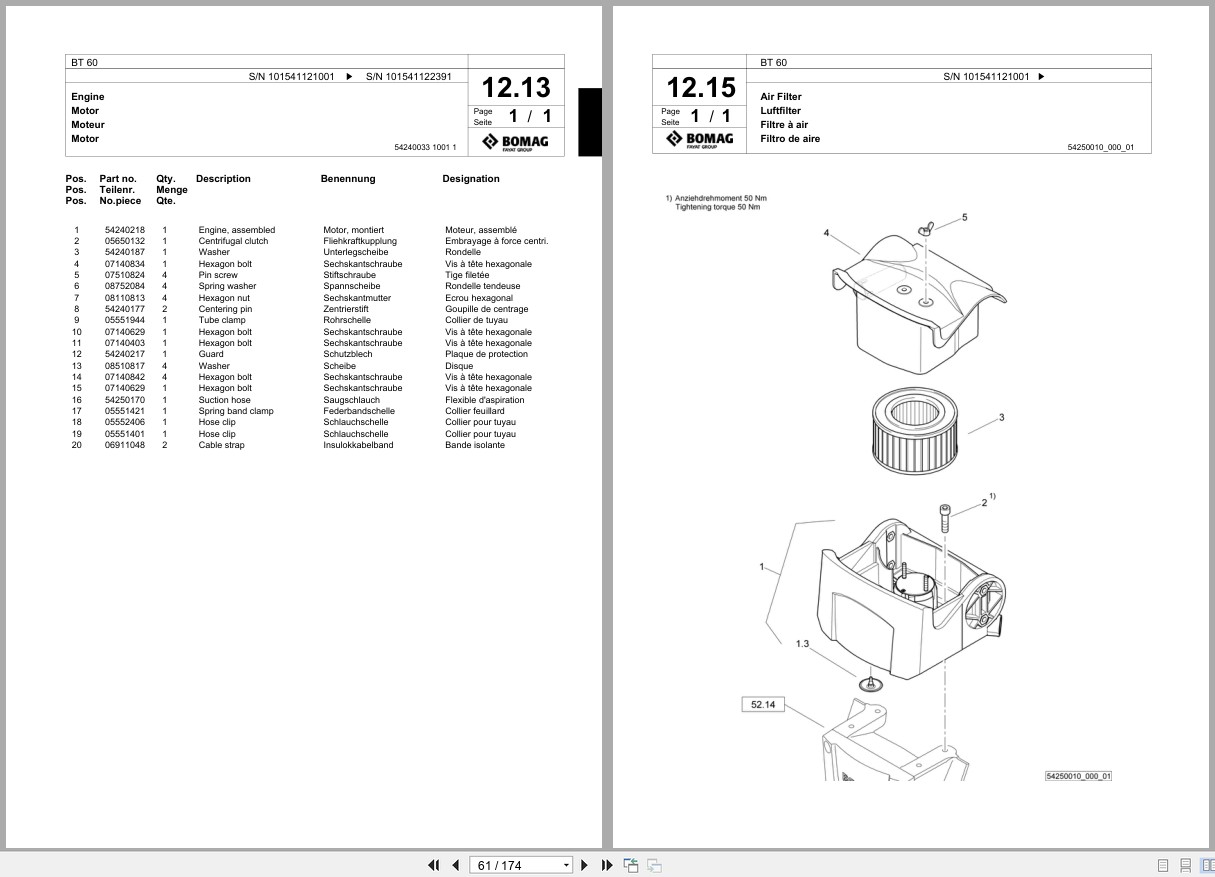 Bomag Vibratory Tamper BT 60 Spare Parts Catalog 01.2015 05.2016 EN DE FR (3)