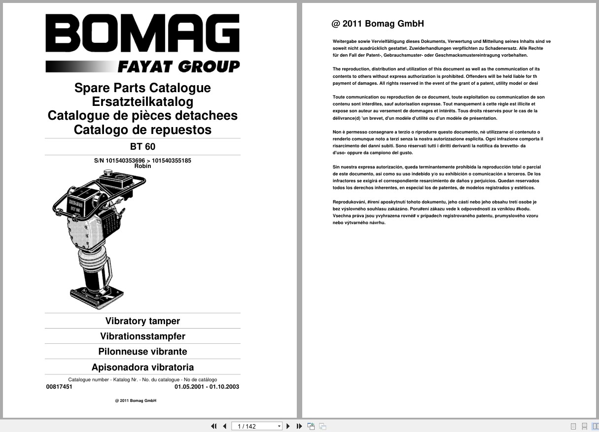 Bomag Vibratory Tamper BT 60 Spare Parts Catalog 2001 2003 EN DE FR (1)