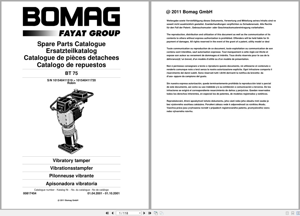 Bomag Vibratory Tamper BT 75 Spare Parts Catalog 2001 EN DE FR (1)