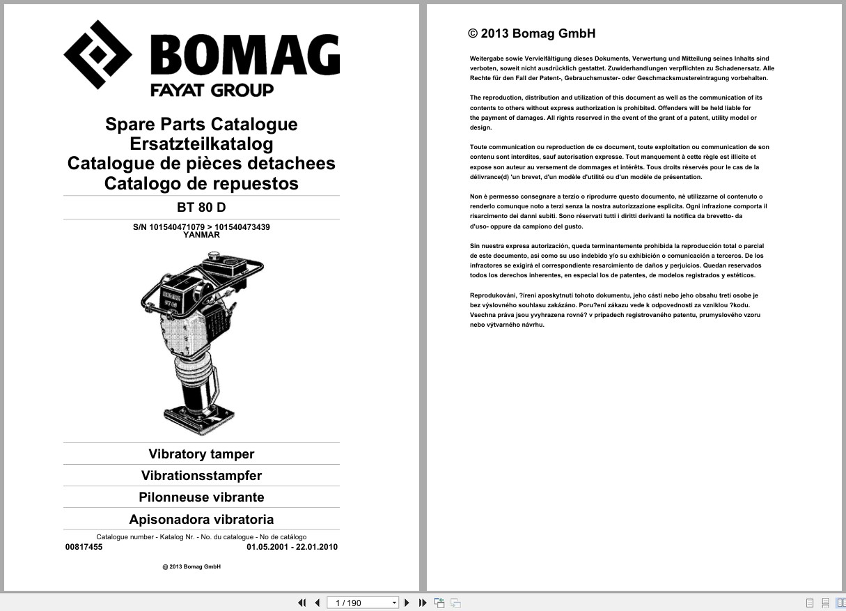 Bomag Vibratory Tamper BT 80 D Spare Parts Catalog 2001 2010 EN DE FR (1)