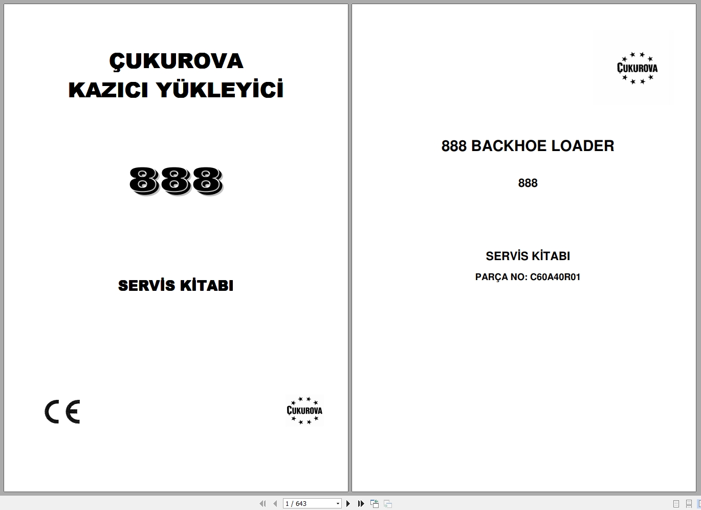 CUKUROVA Backhoe Loader 888 Service Booklet Wiring Diagrams C60A40R01 TR 1