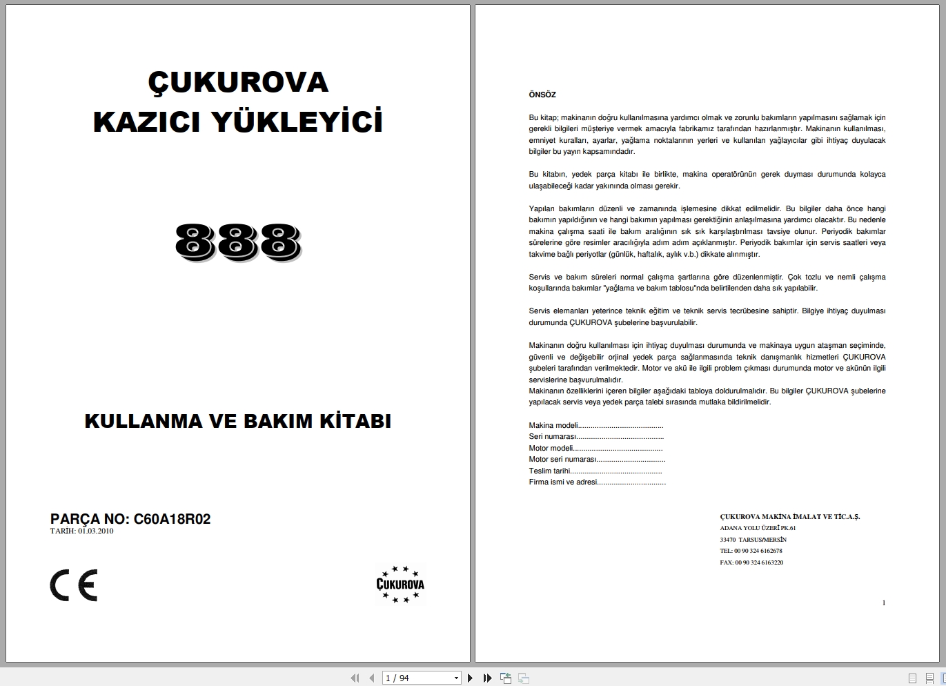 CUKUROVA MSB Backhoe Loader 888 Operation Maintenance Manuals C60A18R02 2010 TR 1