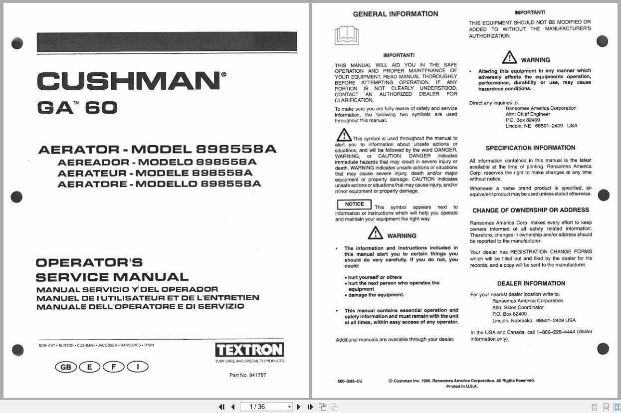 CUSHMAN Aerator GA 60 898558A Operators Service Manual 841767 1996 (1)