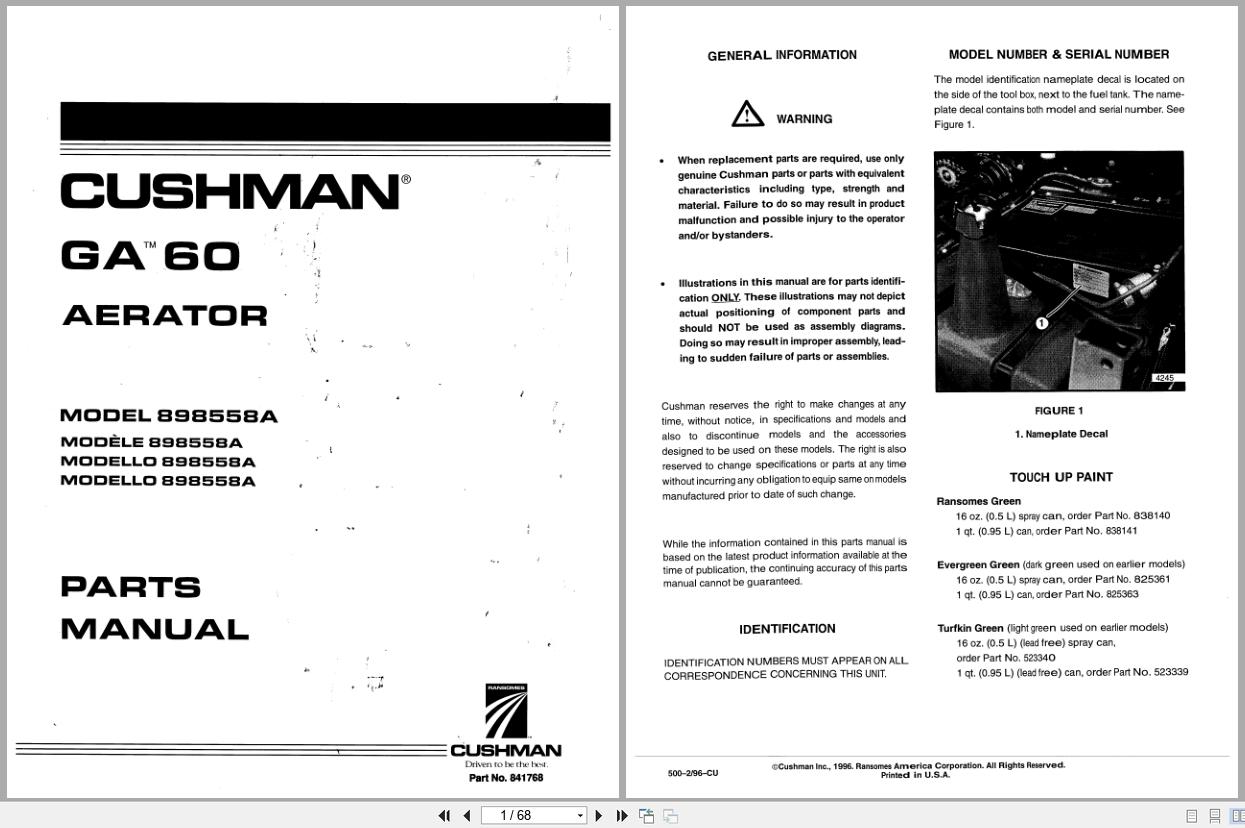 CUSHMAN Aerator GA 60 898558A Parts Manual 841768 1996 (1)