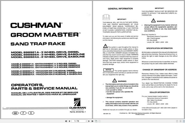 CUSHMAN Sand Trap Rake Groom Master II Operators Parts Service Manual 841242 1997 (1) Cushman Sand Trap Rake Groom Master Ii Operators Parts Service Manual 841242 1997 (1)