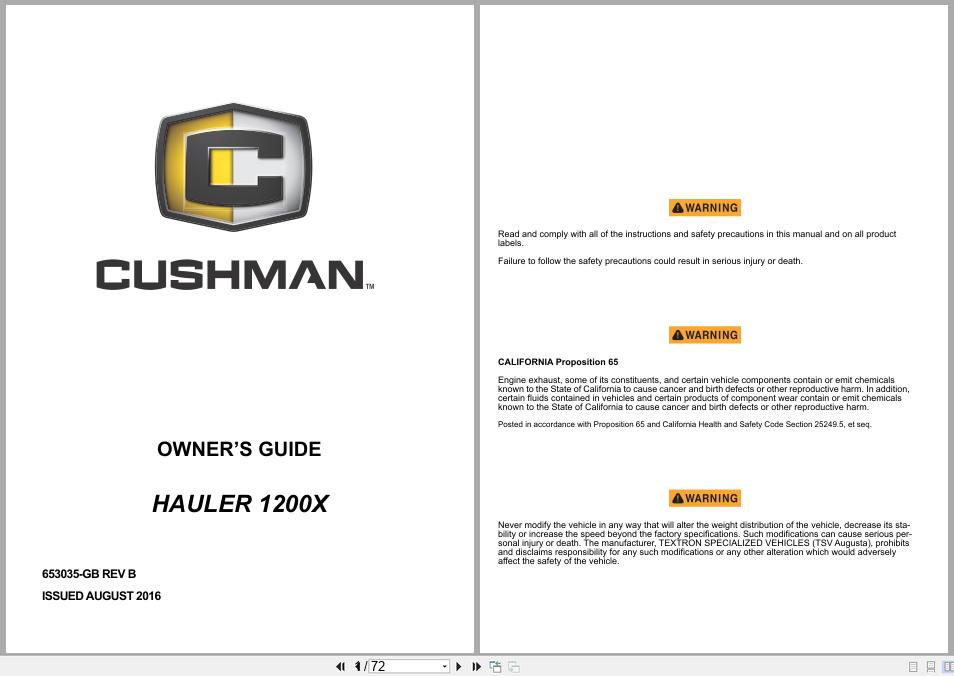 CUSHMAN Utility Vehicle Truckster MS MX Owners Guide 653035 (1)