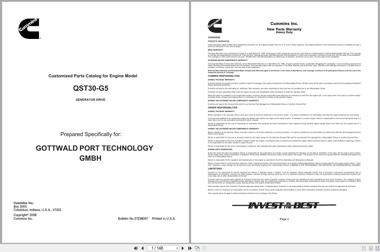 Cummins Engine QST30 G5 Parts Catalog 37238097 1