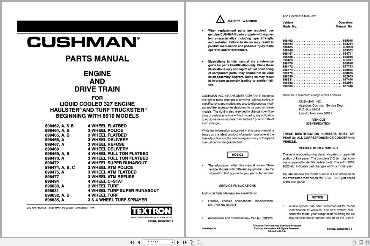 Cushman Engine And Train 898462 to 898635 Parts Manual 832972 (1)