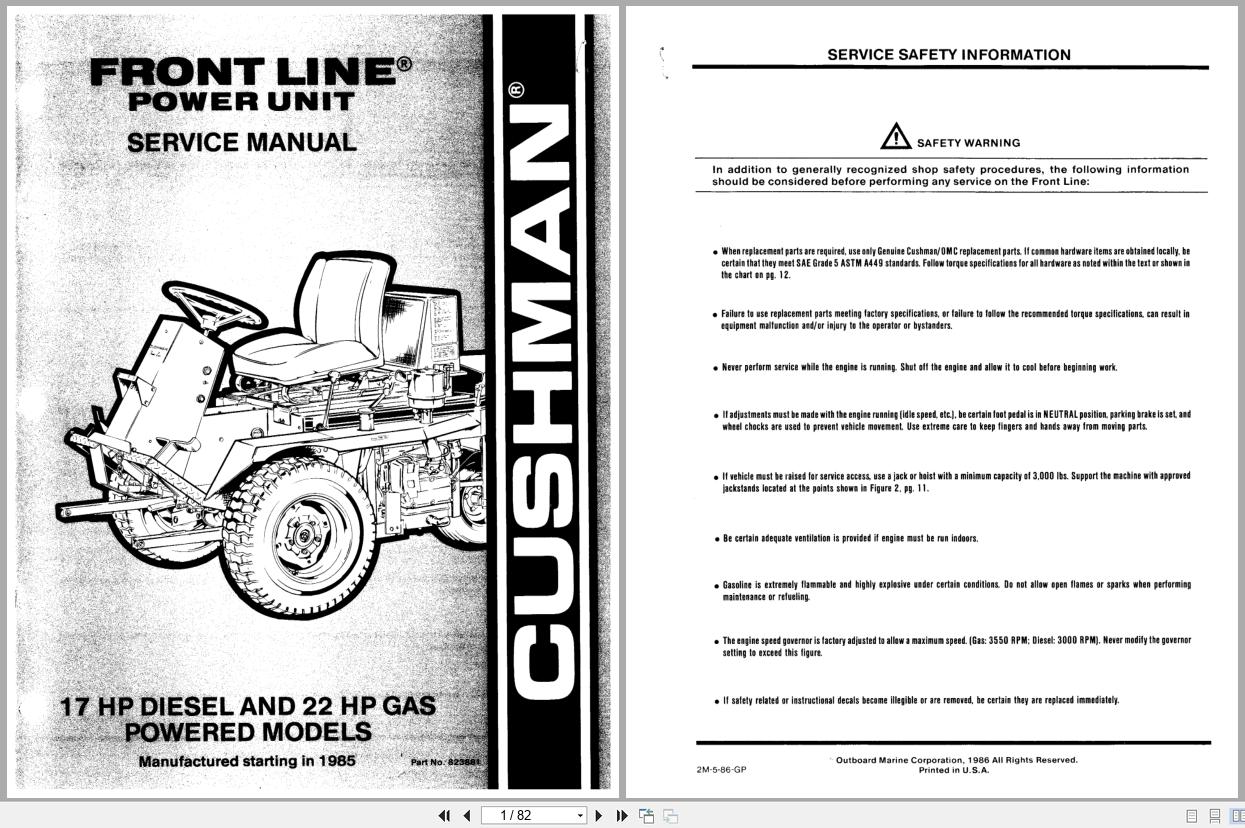 Cushman Front Line Mower 17 HP Diesel 22 HP Gas Service Manual 823881 1986 (1)