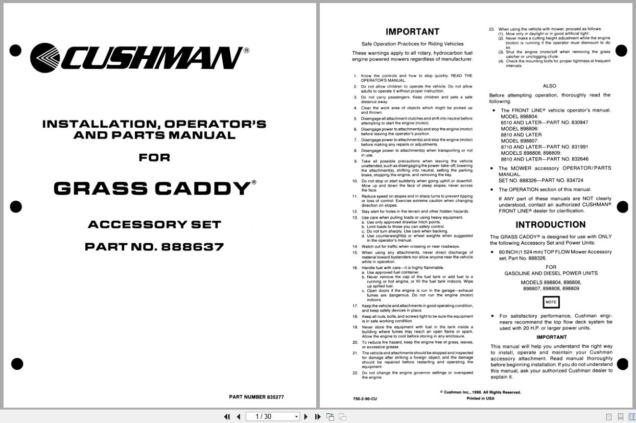 Cushman Front Line Mower 888637 Grass Caddy Installation Operators Parts Manual 835277 1990 (1)