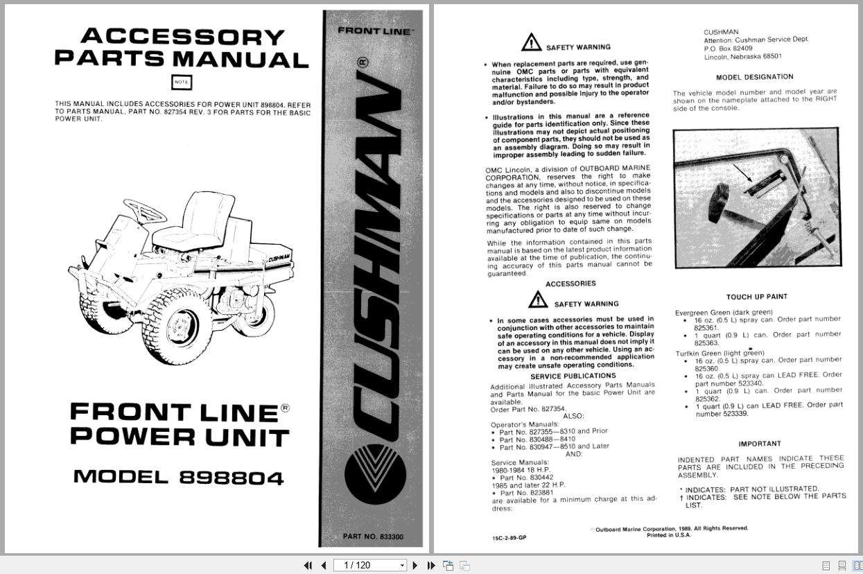 Cushman Front Line Mower 898804 Accessory Parts Manual 833300 1989 (1)