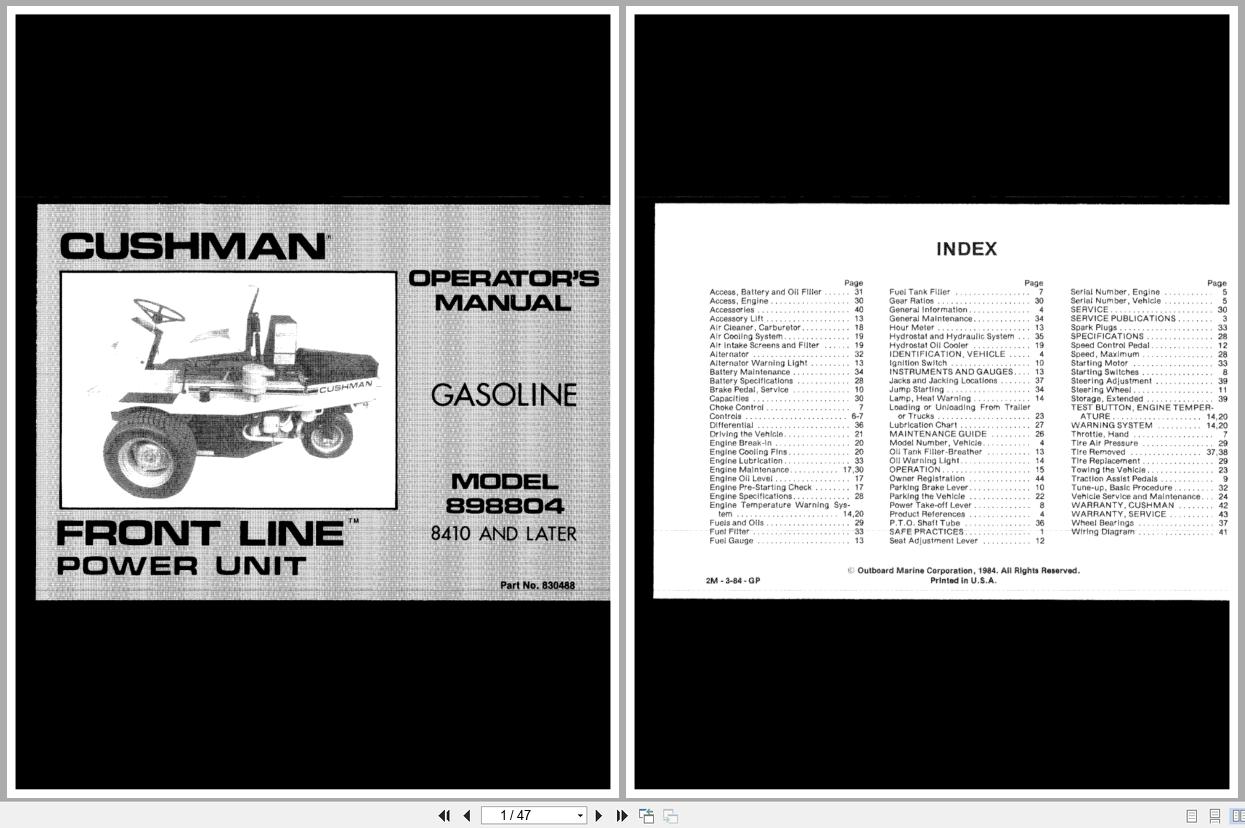 Cushman Front Line Mower 898804 Operation Manual 830488 1984 (1)