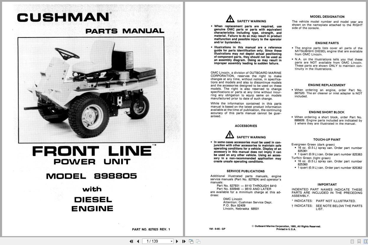 Cushman Front Line Mower 898805 Parts Manual 827823 1985 (1)