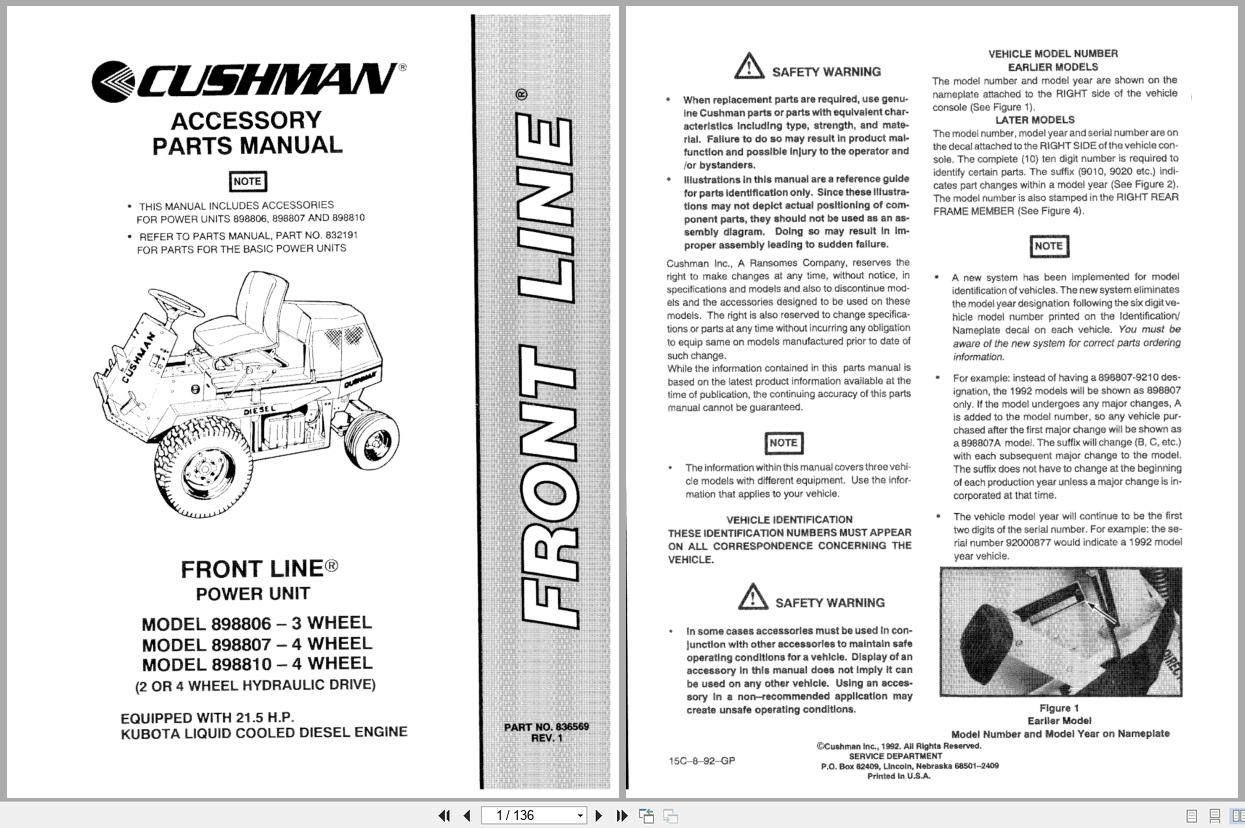 Cushman Front Line Mower 898806 898807 898810 Accessory Parts Manual 836569 1992 (1)