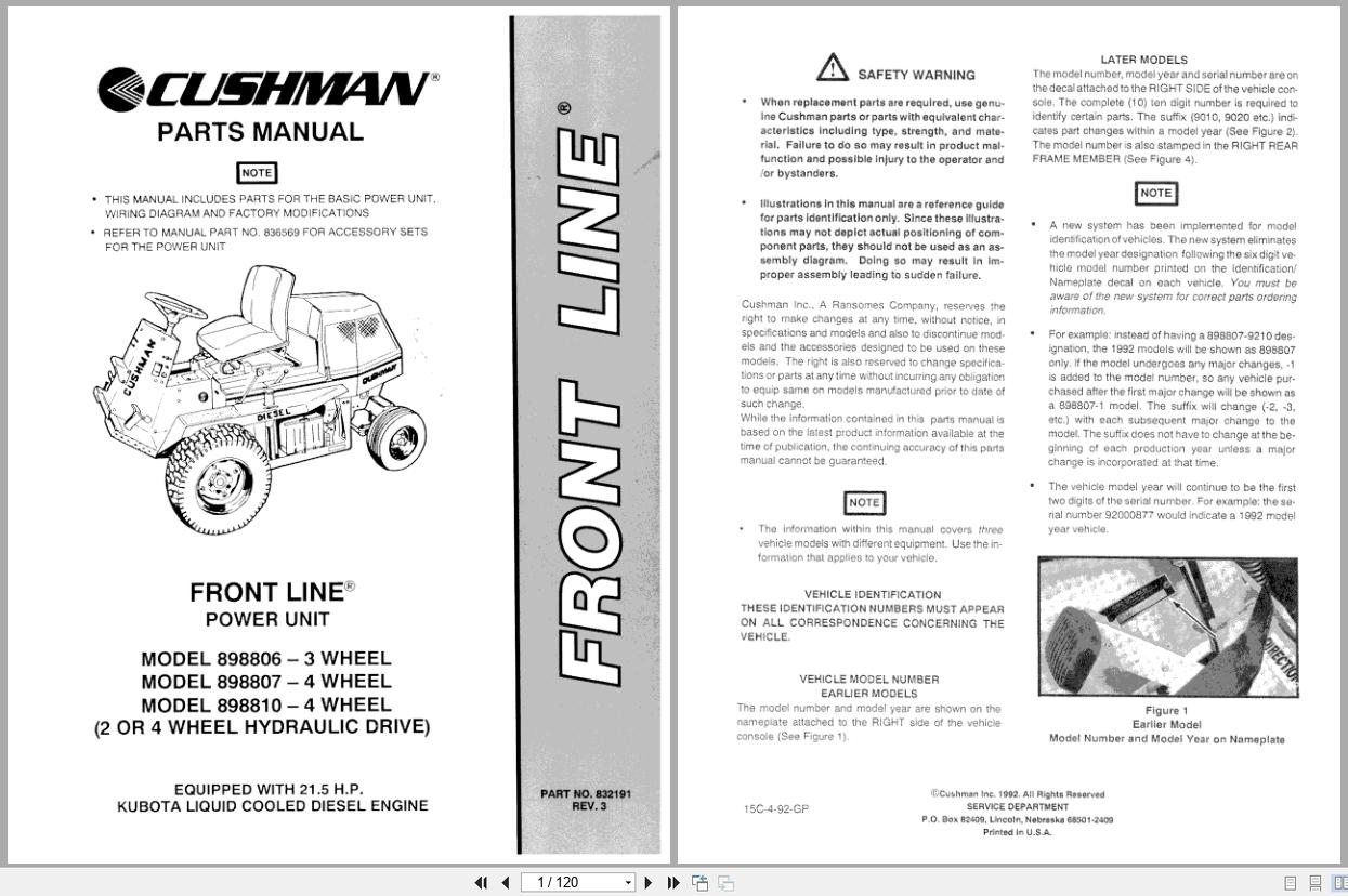 Cushman Front Line Mower 898806 898807 898810 Parts Manual 832191 1992 (1)