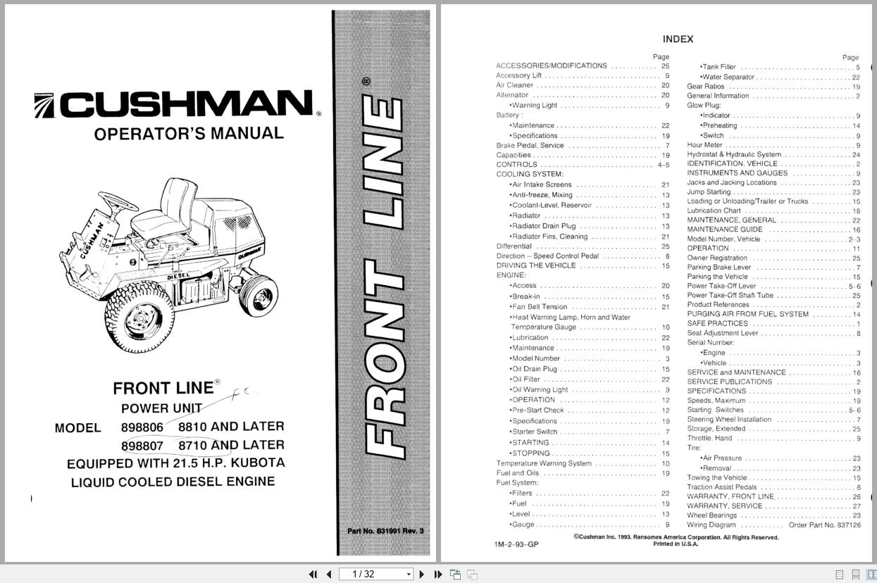 Cushman Front Line Mower 898806 898807 Operation Manual 831991 1993 (1)