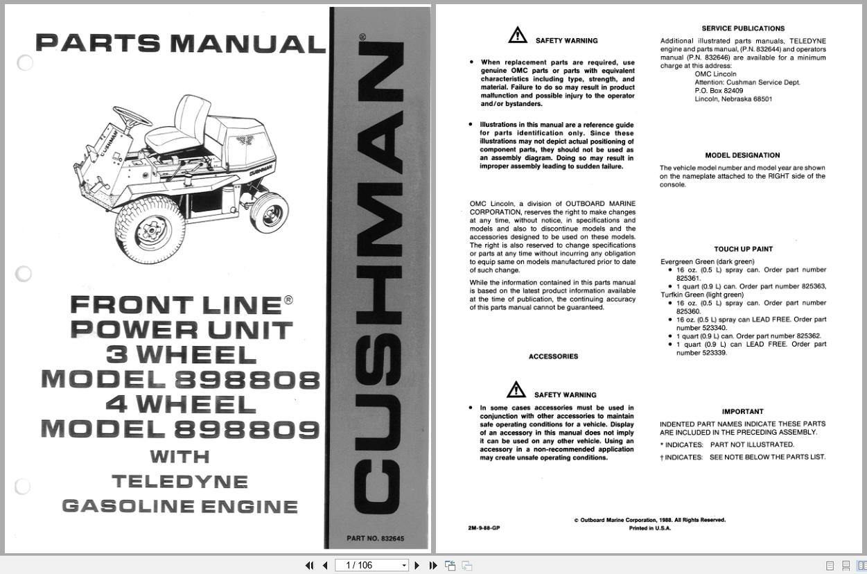 Cushman Front Line Mower 898808 898809 Parts Manual 832645 (1)