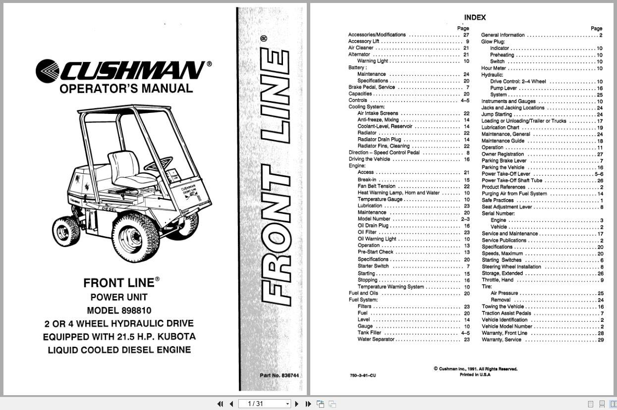 Cushman Front Line Mower 898810 Operation Manual 836744 1991 (1)