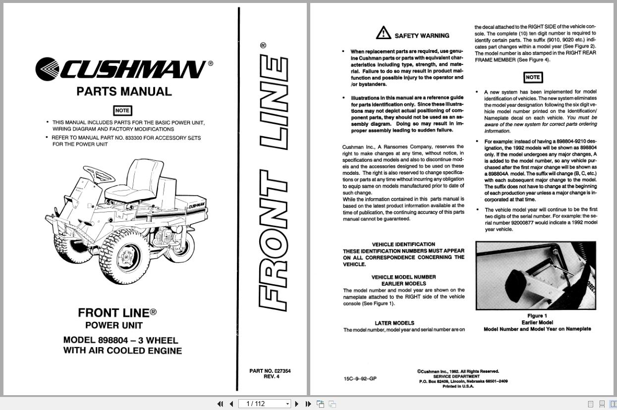 Cushman Front Line Mower 898840 Parts Manual 827354 1992 (1)