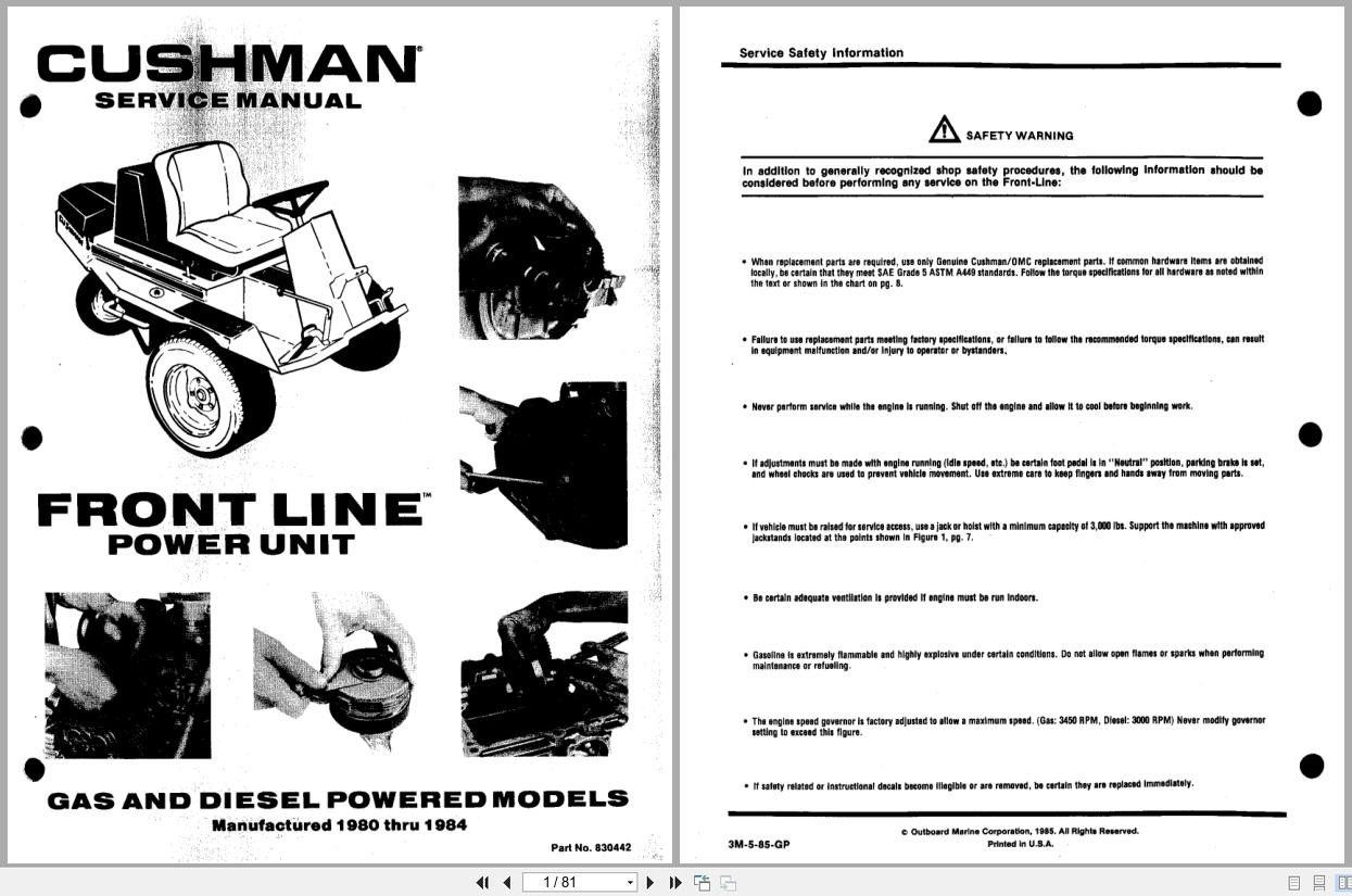 Cushman Front Line Mower Gas And Diesel Powered Service Manual 830442 (1)