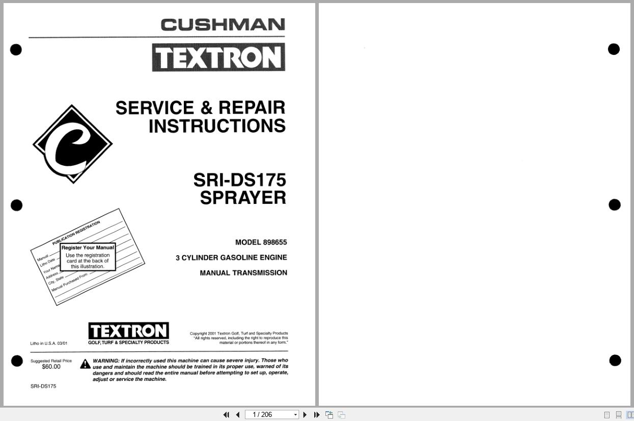 Cushman Sprayer SRI DS175 898655 Service Repair Manual 4171646 2001 (1)