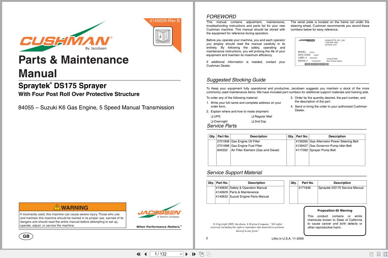 Cushman Sprayer SprayTek DS 175 84055 Parts Maintenance Manual 4140629 A 2009 (1)