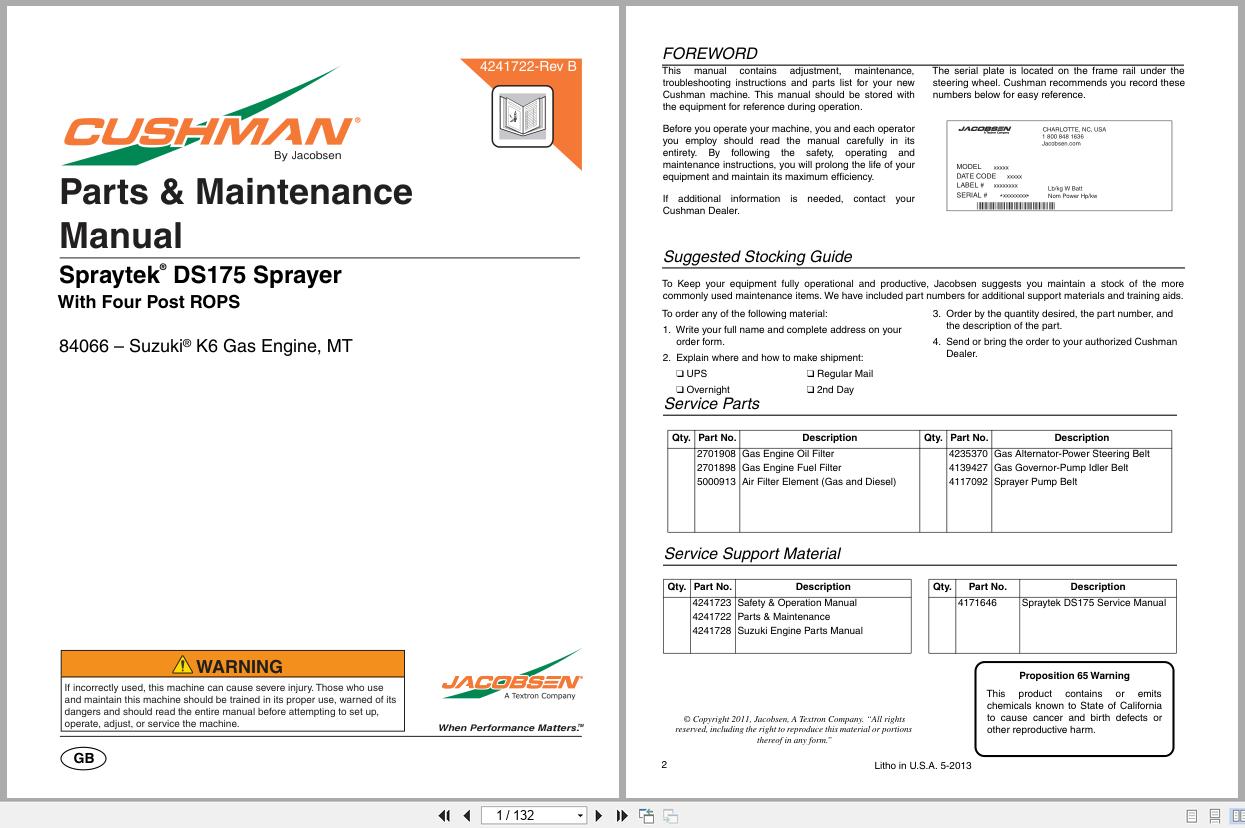 Cushman Sprayer SprayTek DS 175 84066 Parts Maintenance Manual 4241722 B (1)