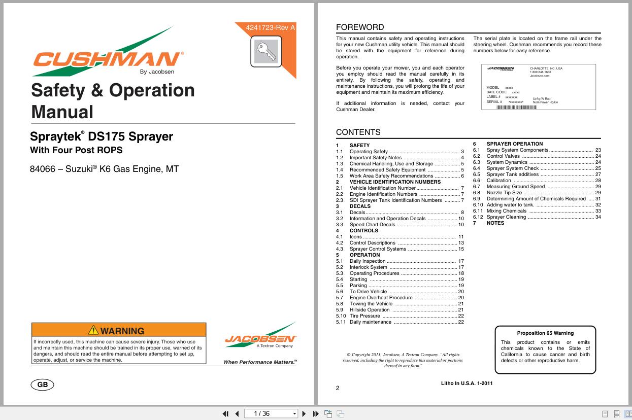Cushman Sprayer SprayTek DS 175 84066 Safety Operation Manual 4241723 2011 (1)