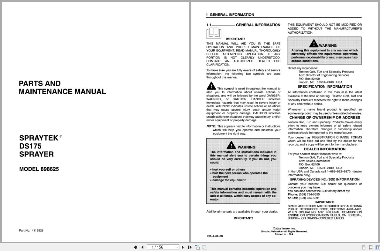 Cushman Sprayer SprayTek DS 175 898625 Parts Maintenance Manual 4115526 2002 (1)