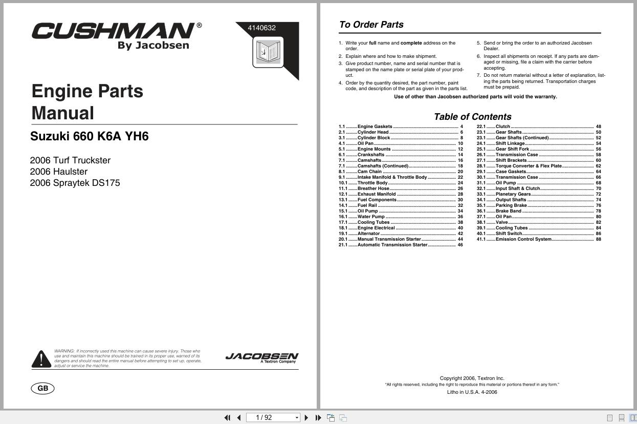 Cushman Sprayer SprayTek DS 175 Turf Truckster Haulster Parts Manual 4140632 (1)