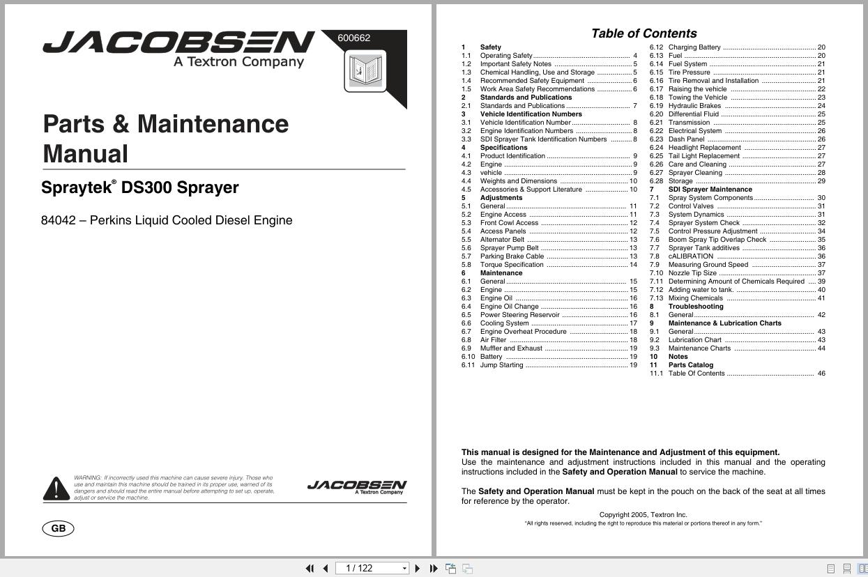 Cushman Sprayer SprayTek DS 300 84042 Parts Maintenance Manual 600662 2005 (1)