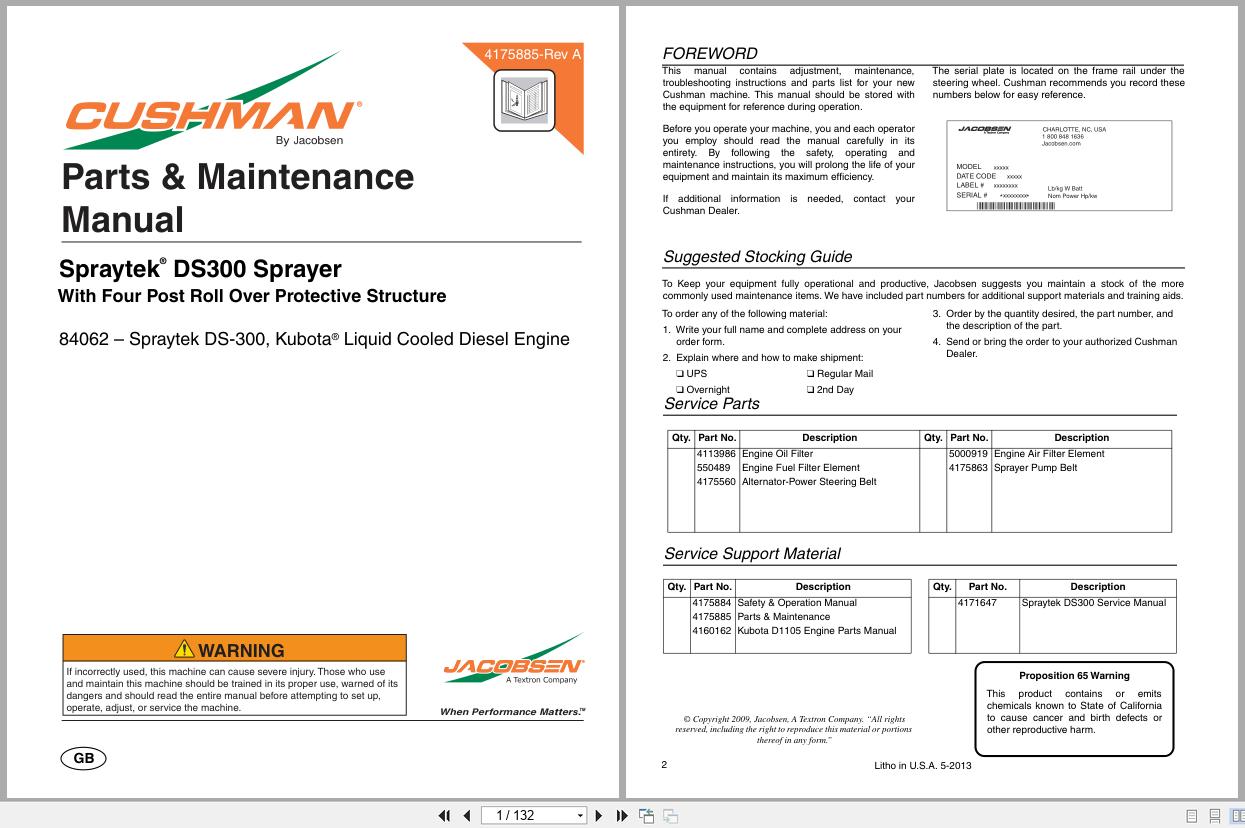 Cushman Sprayer SprayTek DS 300 84062 Parts Maintenance Manual 4175885 A (1)
