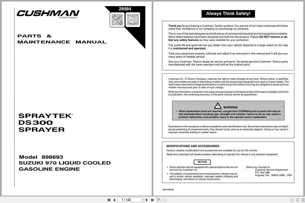 Cushman Sprayer SprayTek DS 300 898693 Parts Maintenance Manual 28984 (1)