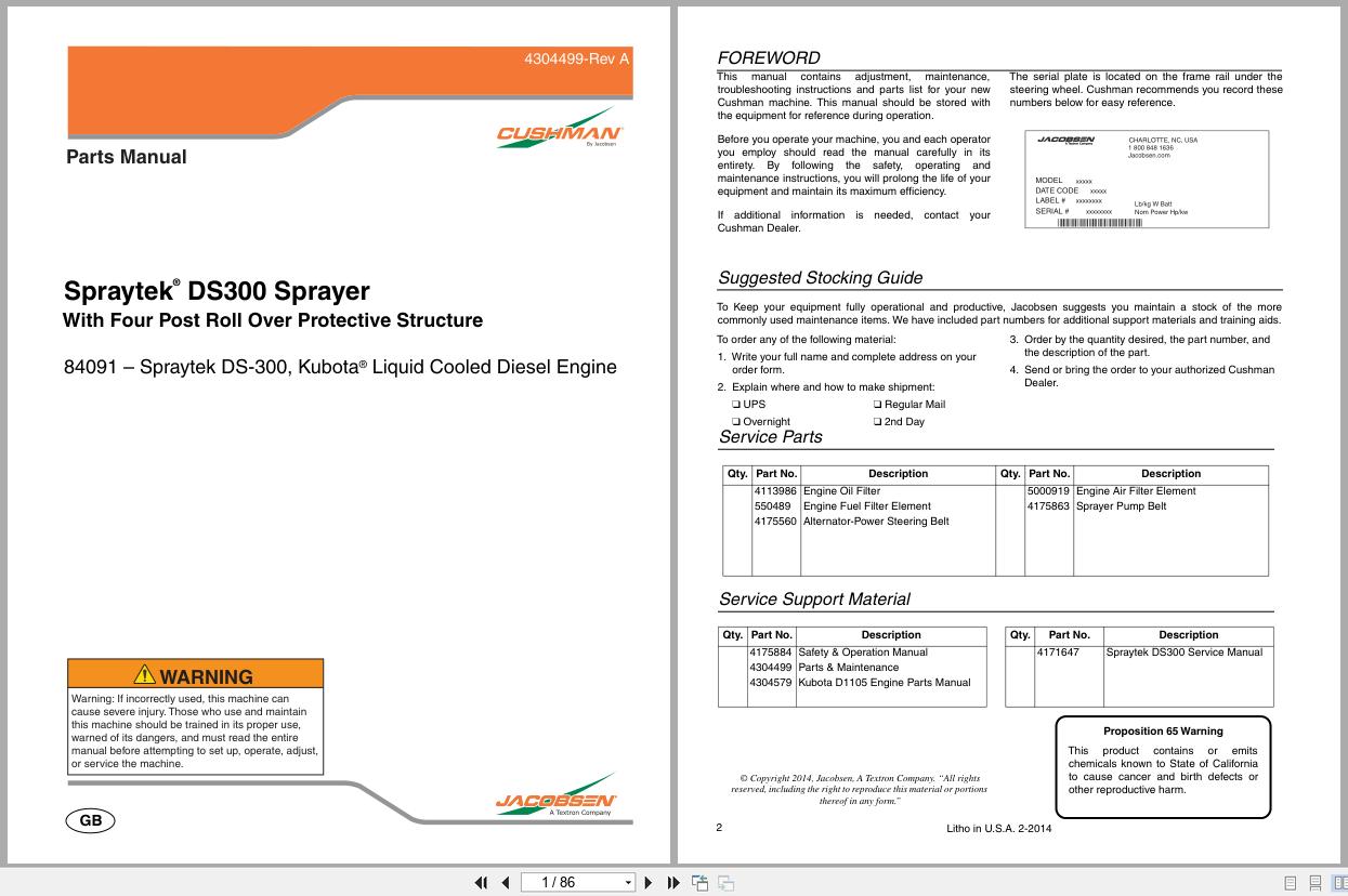 Cushman Sprayer SprayTek DS 300 Parts Manual 4304499 A 2014 (1)