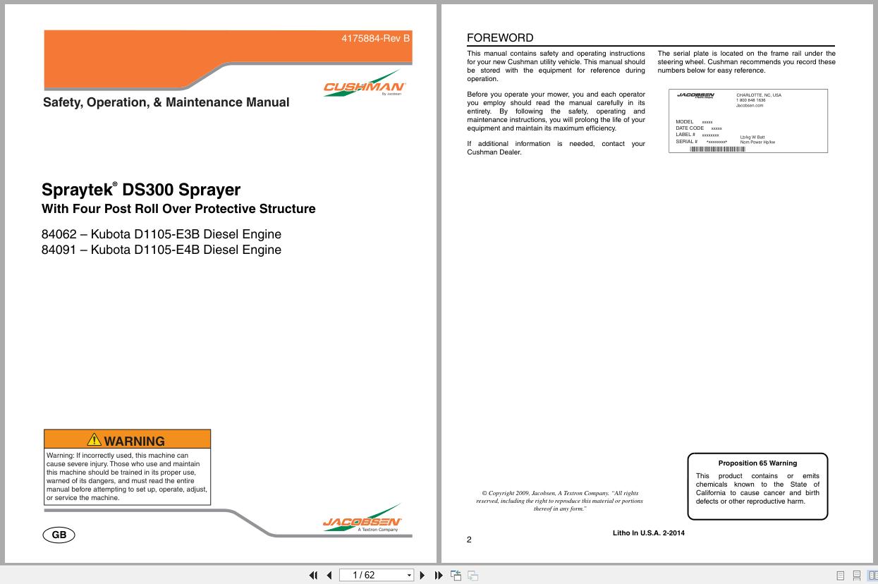 Cushman Sprayer SprayTek DS 300 Safety Operation Manual 4175884 A 2009 (1)