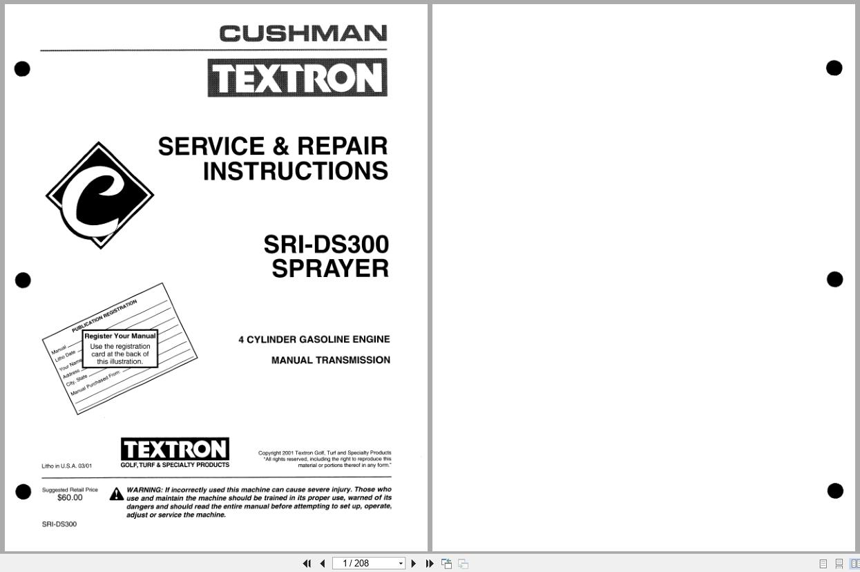 Cushman Sprayer SprayTek SRI DS300 Service Repair Instruction 4171647 2001 (1)