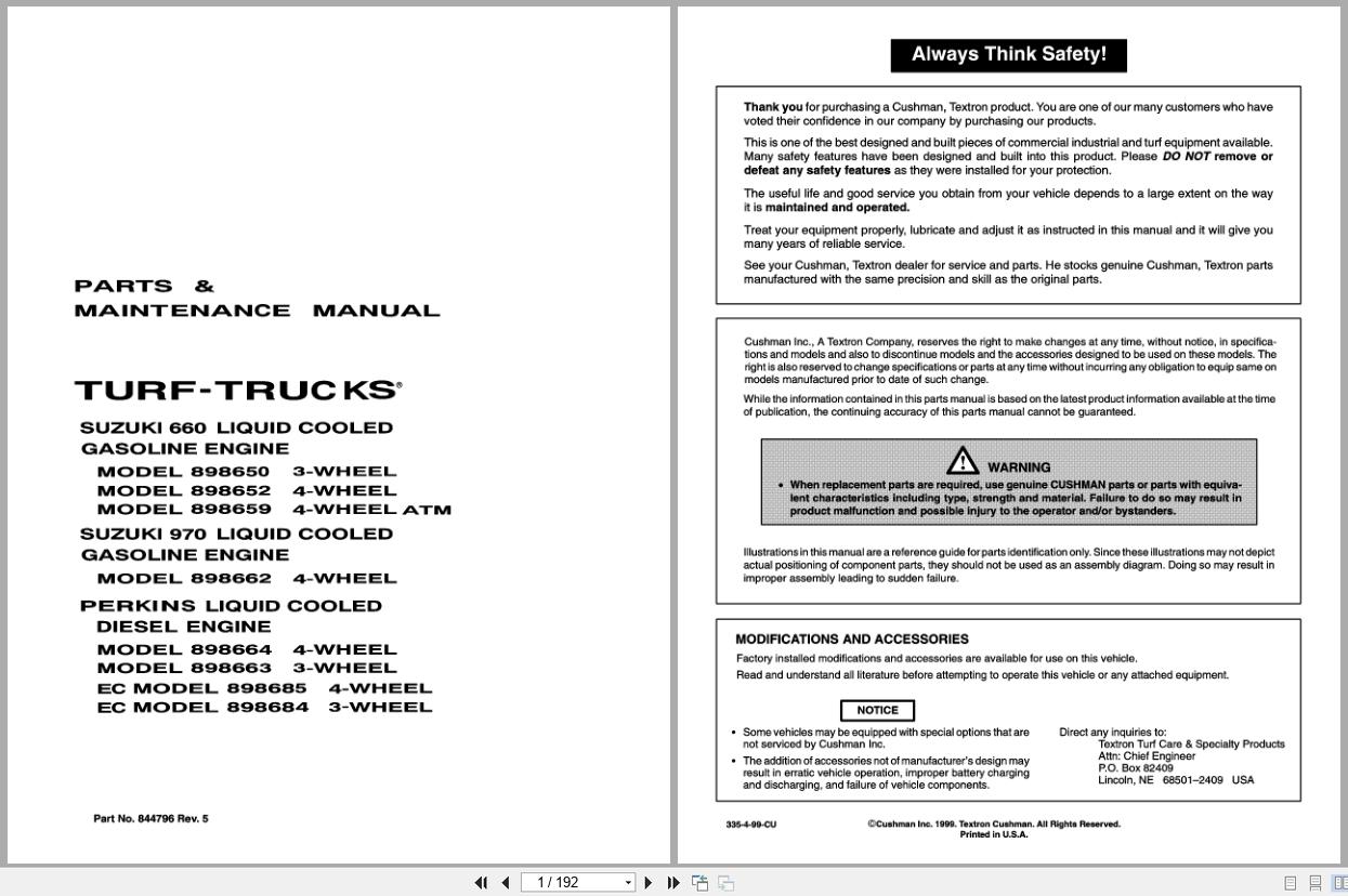 Cushman Utility Vehicle Turf Truck Parts Maintenance Manual 844796R5 (1)