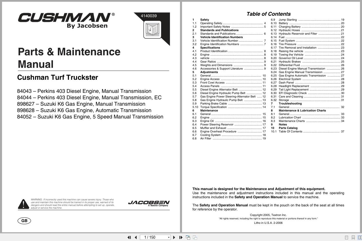 Cushman Utility Vehicle Turf Truckster 84043 to 84052 Parts Maintenance Manual 4140039 (1)