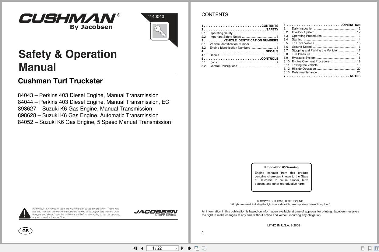 Cushman Utility Vehicle Turf Truckster 84043 to 84052 Safety Operation Manual 4140040 (1)