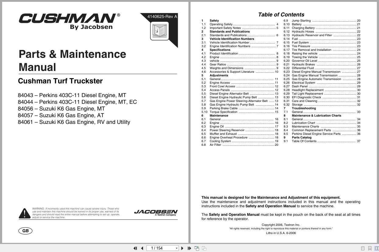 Cushman Utility Vehicle Turf Truckster 84043 to 84061 Parts Maintenance Manual 4140625 A (1)