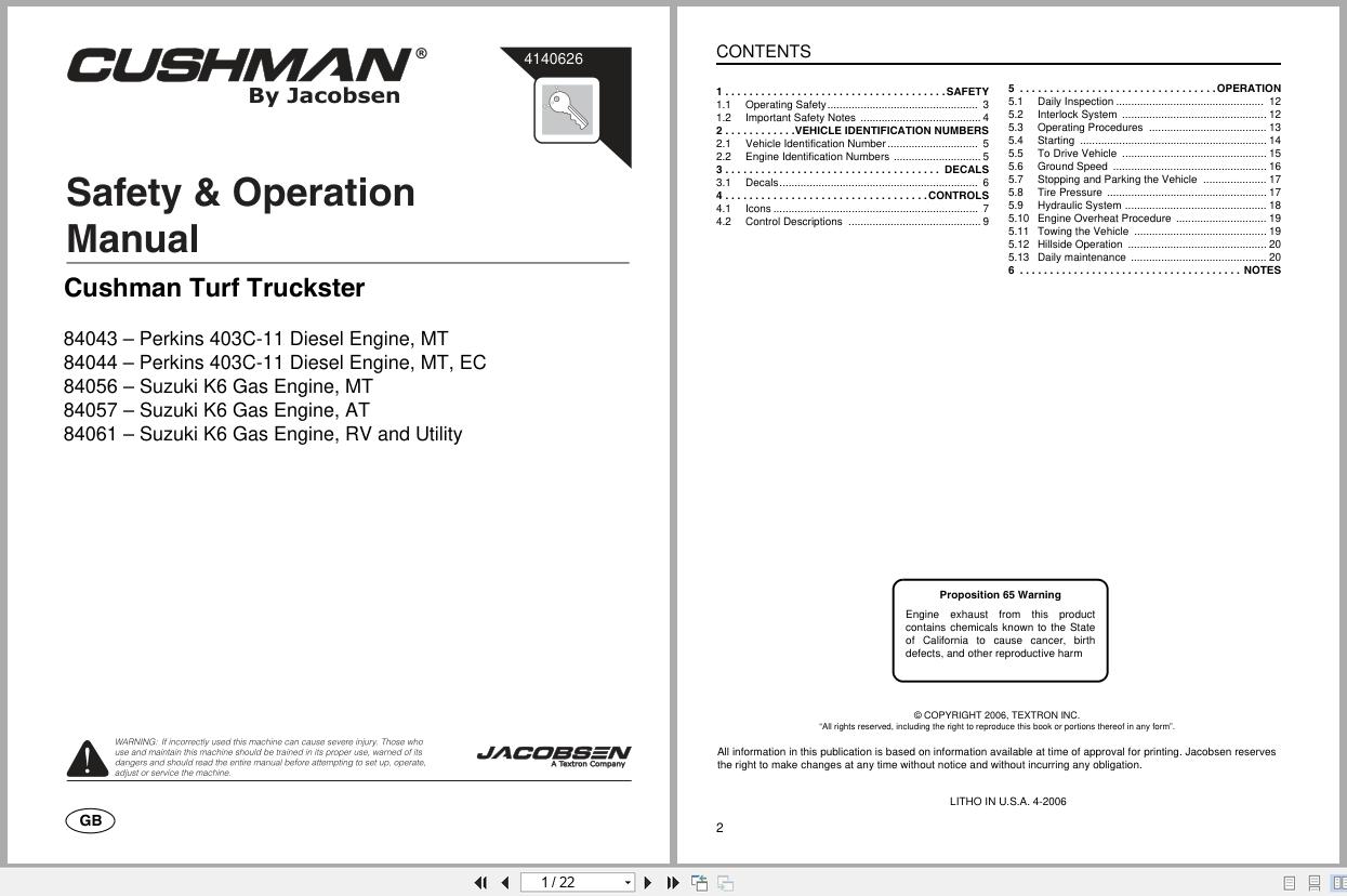 Cushman Utility Vehicle Turf Truckster 84043 to 84061 Safety Operation Manual 4140626 (1)