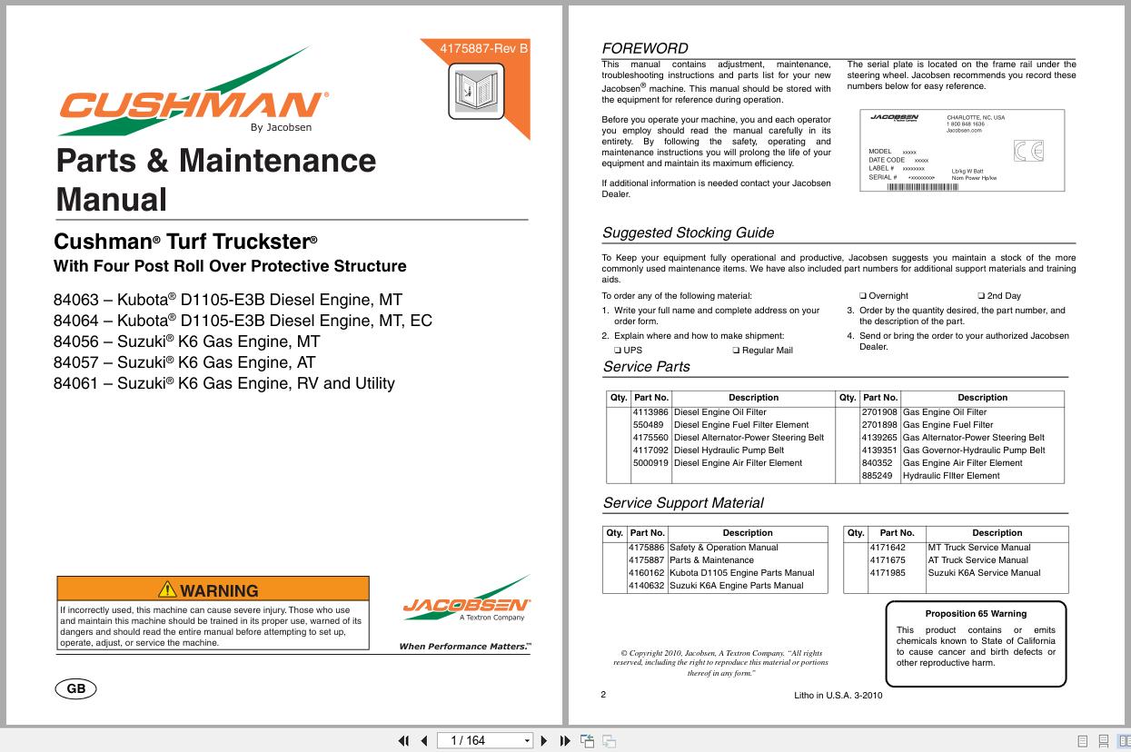 Cushman Utility Vehicle Turf Truckster 84063 to 84061 Parts Maintenance Manual 4175887 B (1)