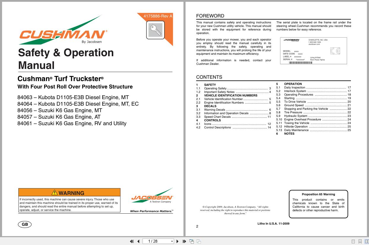 Cushman Utility Vehicle Turf Truckster 84063 to 84061 Safety Operation Manual 4175886 A (1)