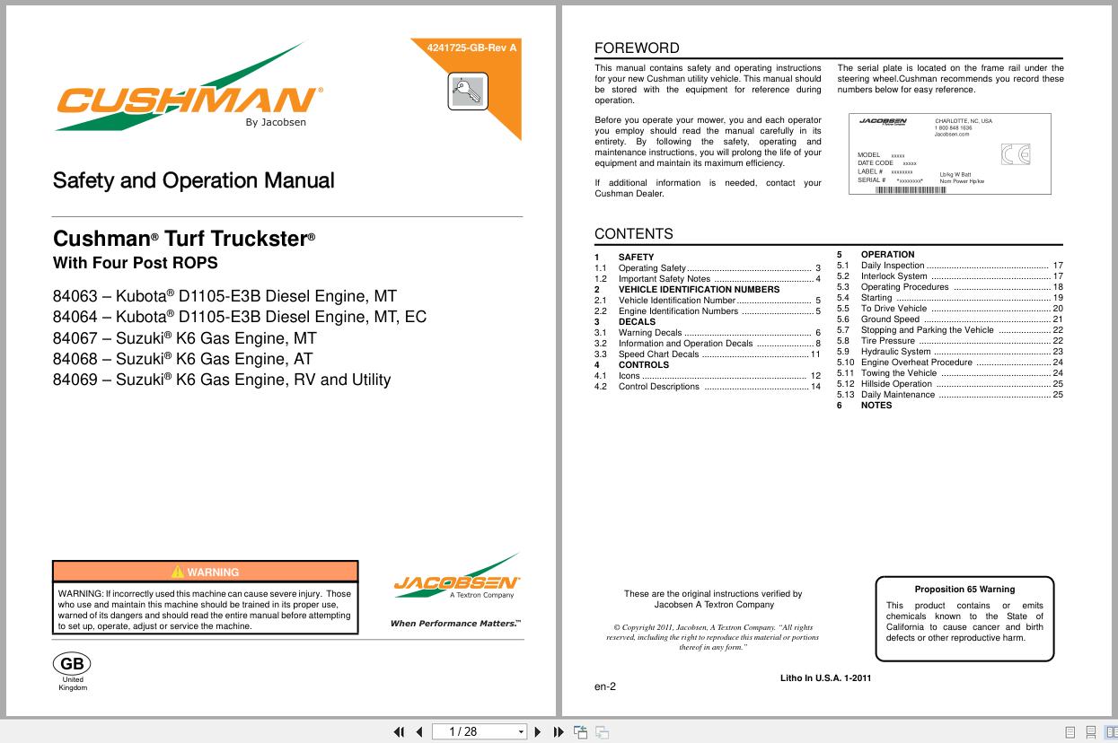 Cushman Utility Vehicle Turf Truckster 84063 to 84069 Safety Operation Manual 4241725 GB RA (1)