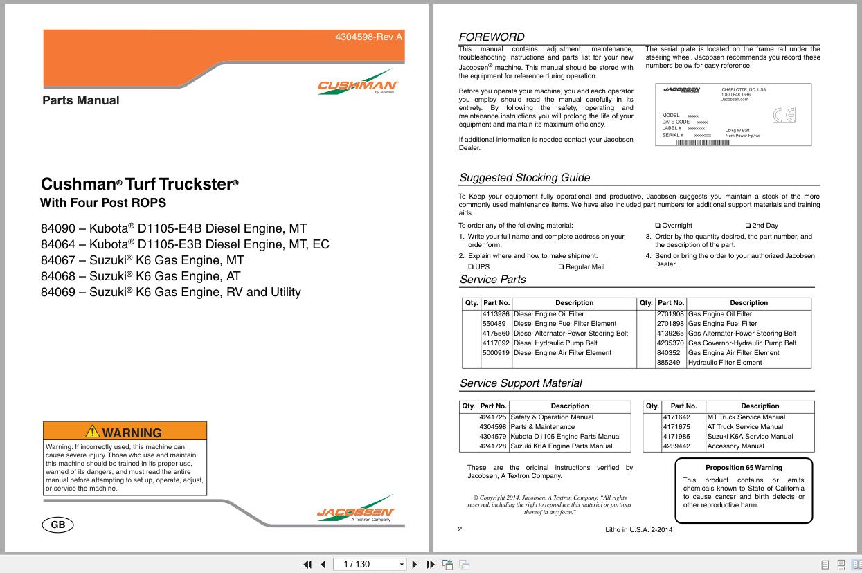 Cushman Utility Vehicle Turf Truckster 84090 to 84069 Parts Manual 4304598 A (1)