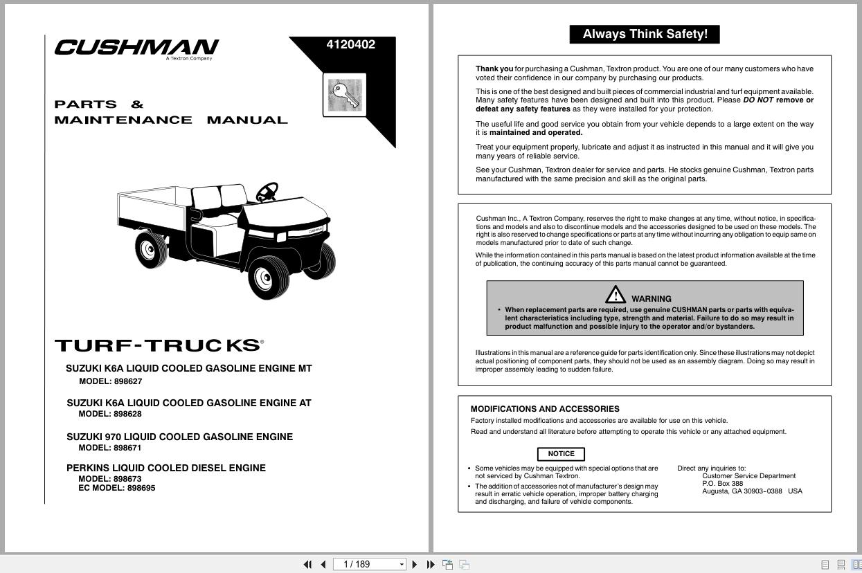 Cushman Utility Vehicle Turf Truckster 898627 to 898695 Parts Maintenance Manual 4120402 (1)