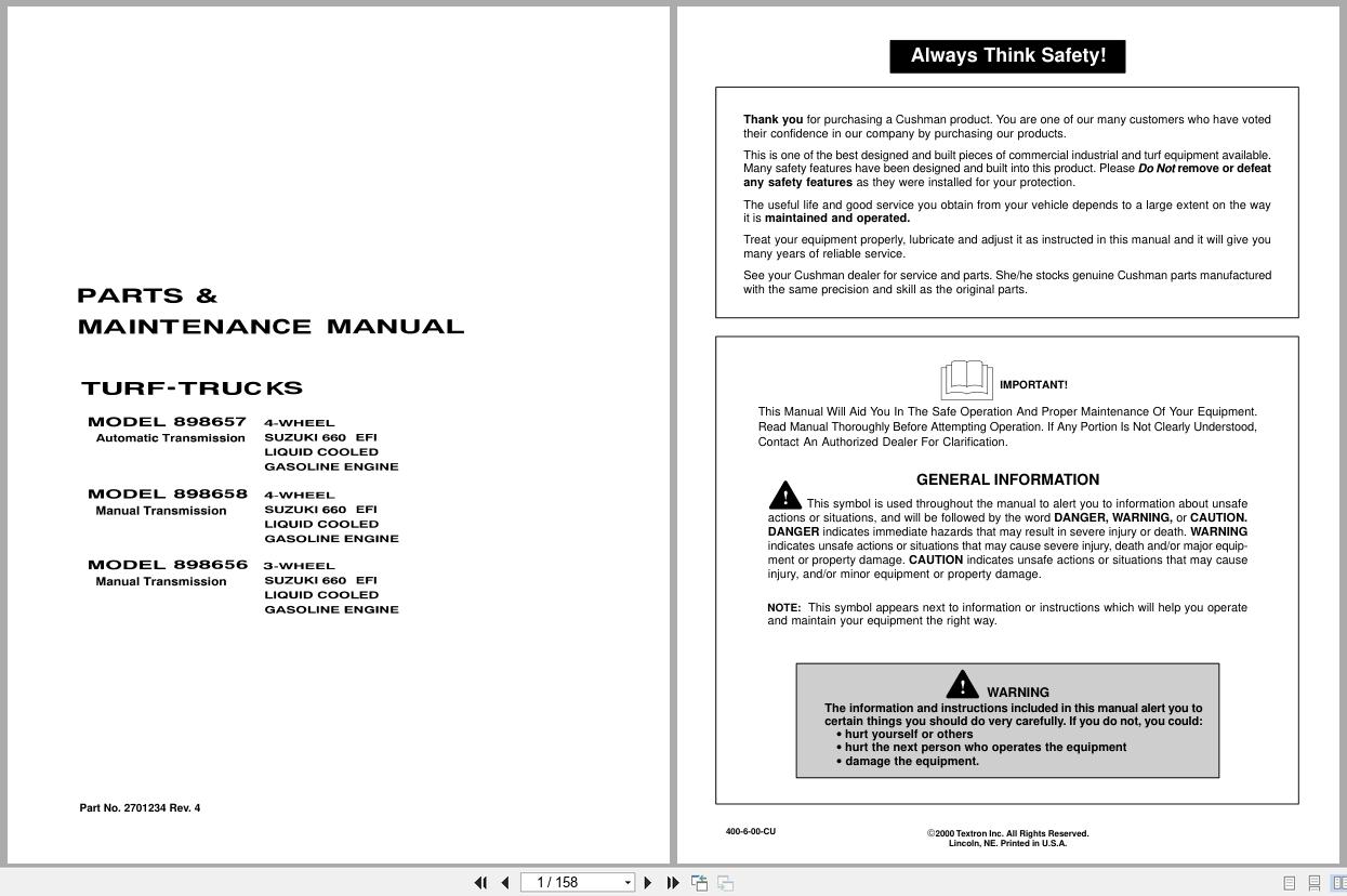 Cushman Utility Vehicle Turf Truckster 898657 to 898656 Parts Maintenance Manual 2701234 (1)